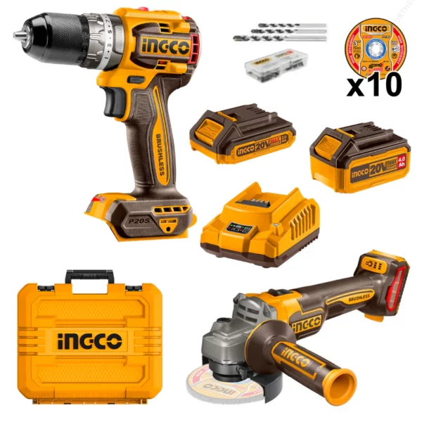 Kit Compact 20V – Perceuse 66NM Brushless, Meuleuse d'angle 115MM