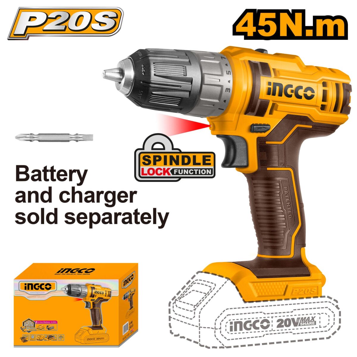 Perceuse sans fil 20V - 45NM - cdli200515 ingco