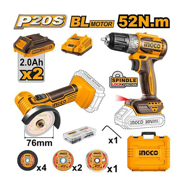 Kit combiné Perceuse 52NM et mini outil de coupe 20V ingco