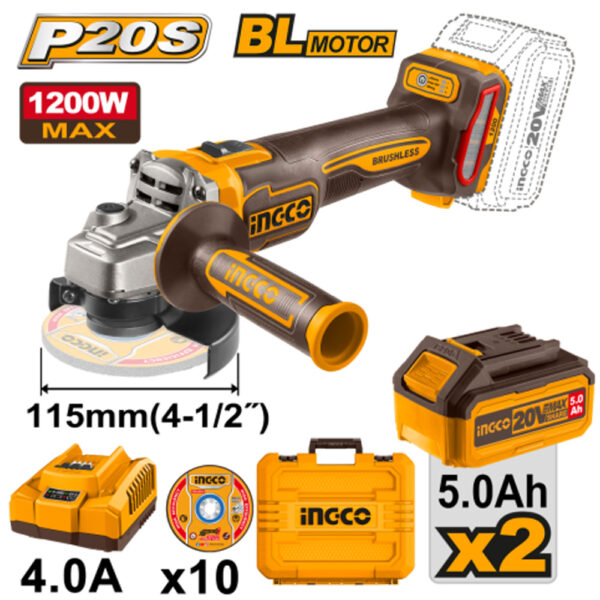 Meuleuse d'angle brusheless 20V 5A avec variateur de vitesse