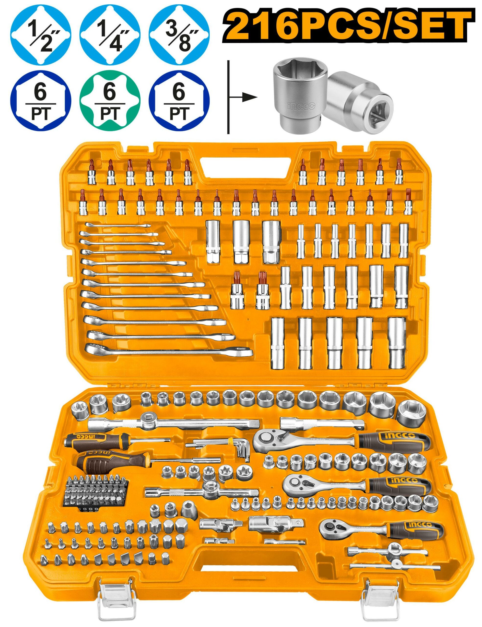 Ensemble d'outils à main 216 pièces 1/2 ” 1/4” et 3/8” ingco