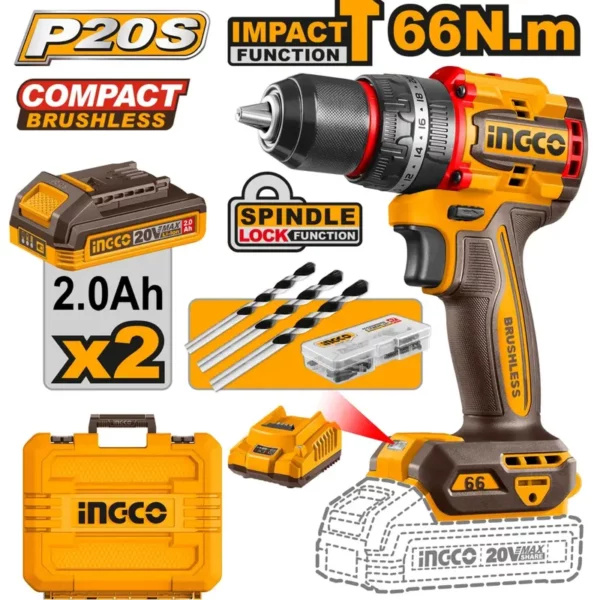 Perceuse à percussion Brushless 66 Nm CIDLI20668 ingco
