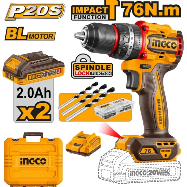 Perceuse a percussion Brushless 76Nm CIDLI20768 ingco