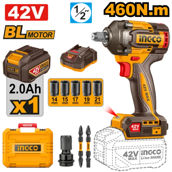 Clé à chocs 42V Brushless 460NM INGCO