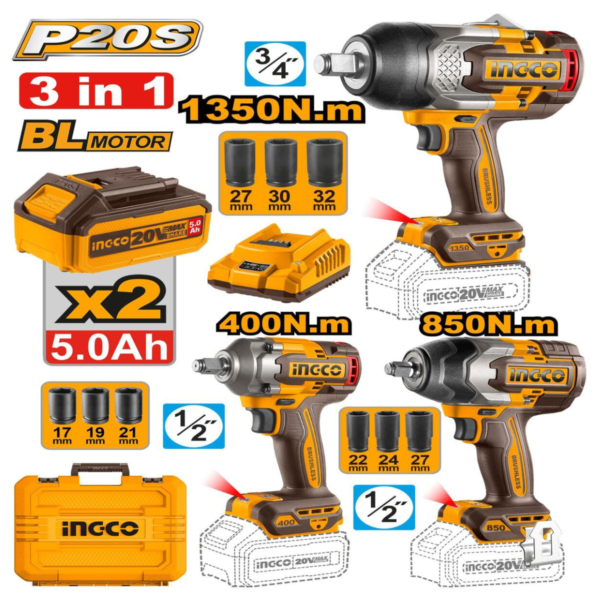 Pack 3 piéces : Clé à chocs sans fil Ingco