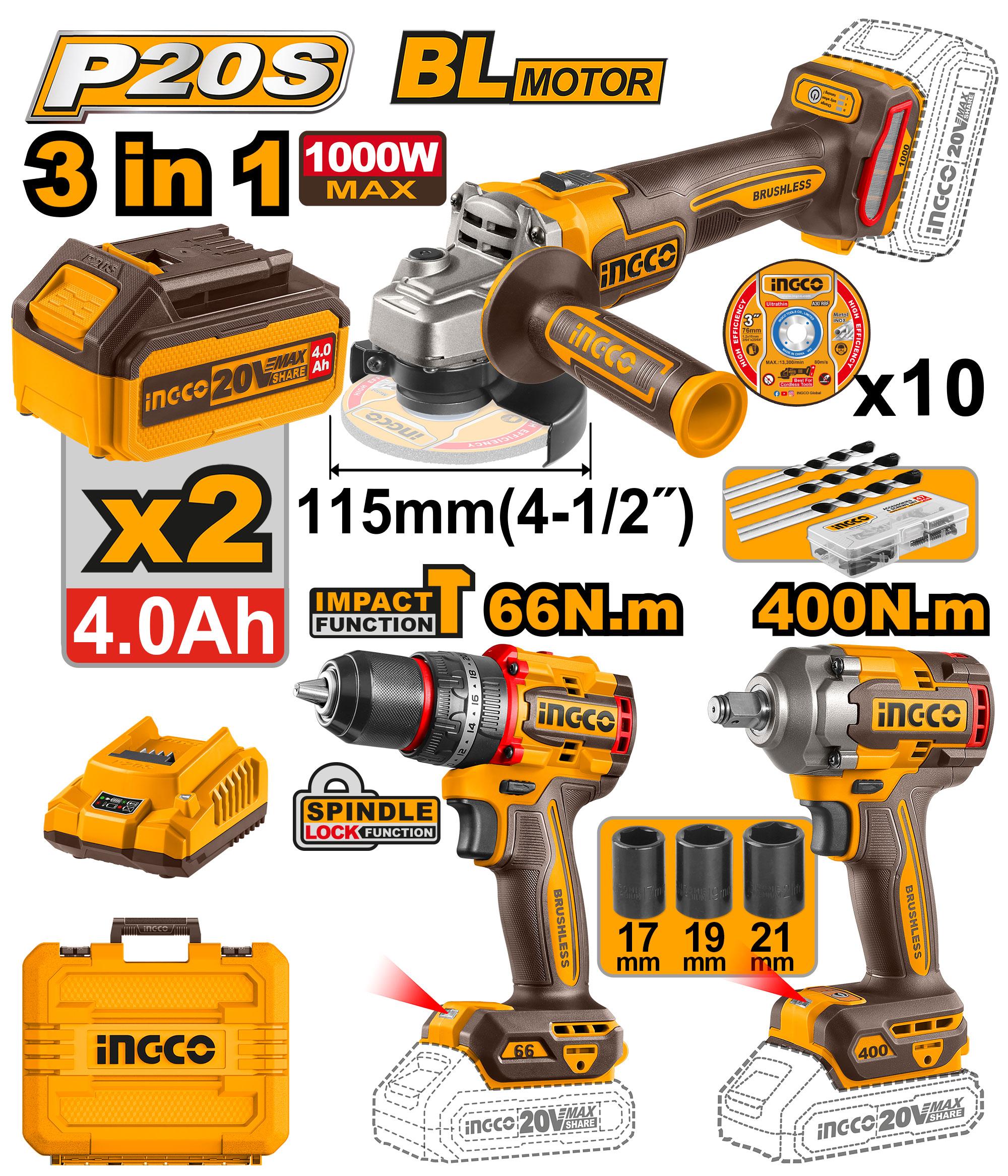 Kit combo 3 piéces brushless : Perceuse à percussion 66Nm + Clé à chocs 400Nm + Meuleuse d’angle 115mm
