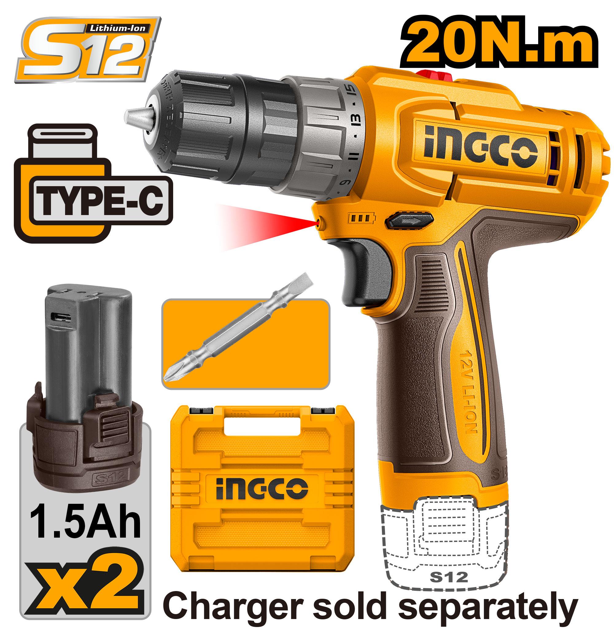 Visseuse 12V 1,5A 2batterie TYPE C avec accessoires ingco