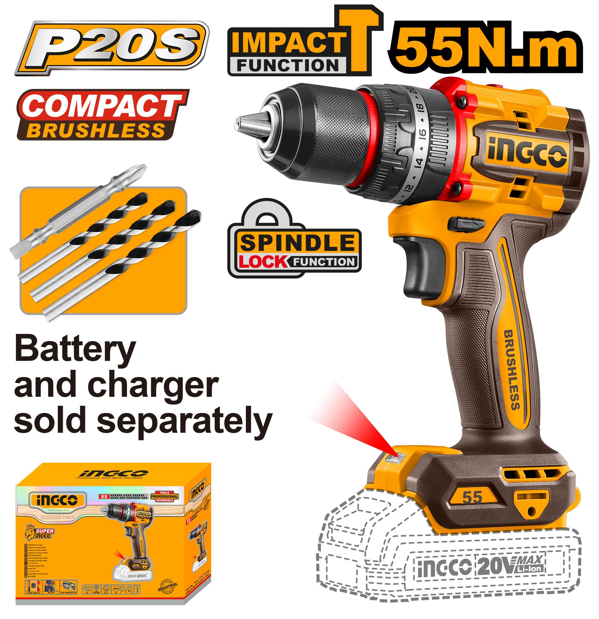 Perceuse à percussion 55NM Brushless sans batterie CIDLI205581 INGCO