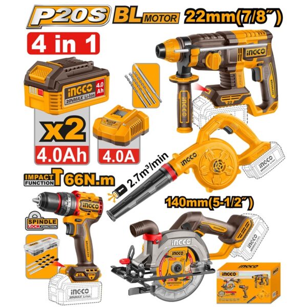Kit combo 4 pieces : Marteau 22mm, Souffleur 2.7 m³, Scie circulaire 140mm, Perceuse à percussion 66nm INGCO